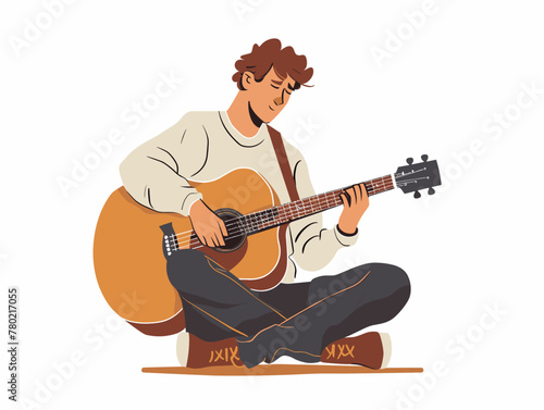 white background, Demonstrating proper guitar finger placement, in the style of animated illustrations, full body, only one man, text-based