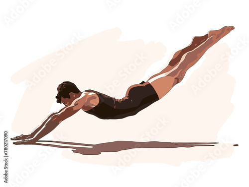 white background, Doing a forward roll in gymnastics, in the style of animated illustrations, full body, only one man, text-based