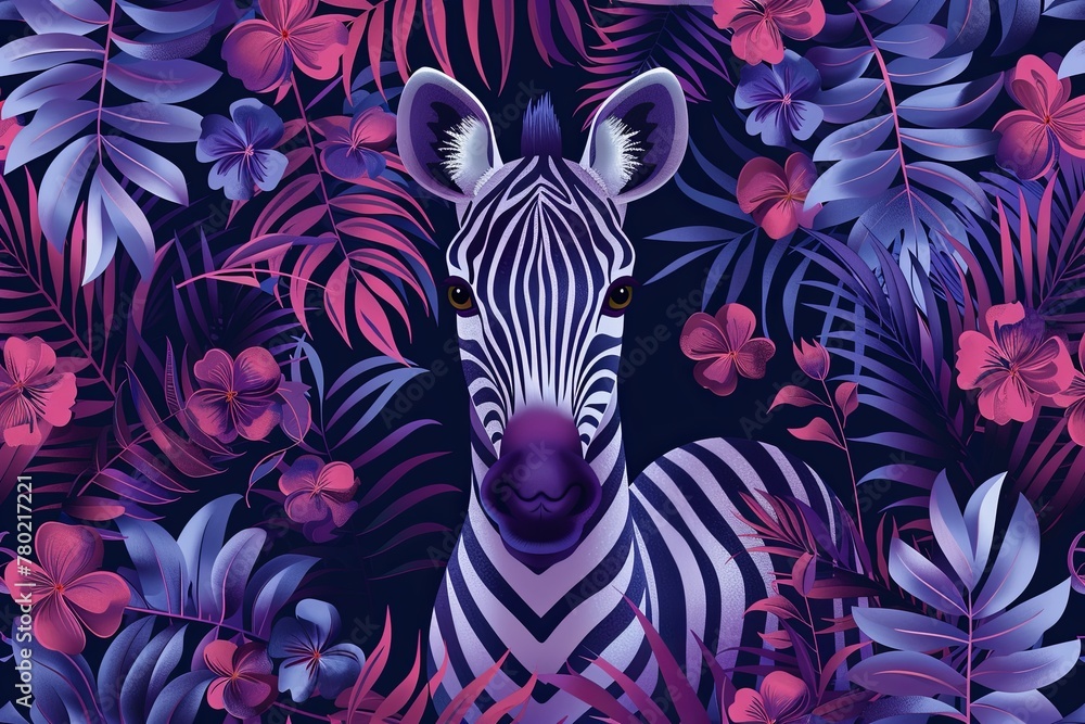 Fototapeta premium Zebra illustration surrounded by flowers 