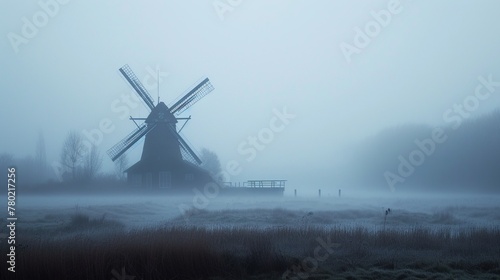 A photo of a lonely windmill in the fog. A calm and mysterious landscape. Grain processing technologies. Generative AI photo