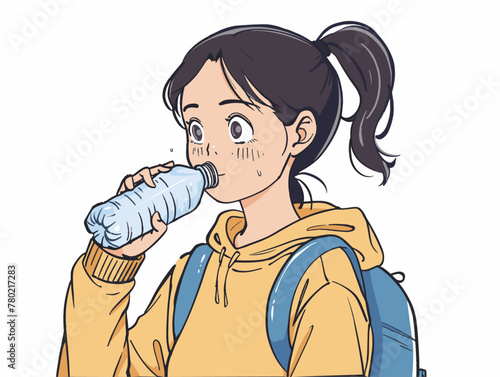 white background, Pausing to take a sip from a water bottle, in the style of animated illustrations, background, text-based