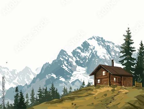 white background, A log cabin in a forest clearing, in the style of animated illustrations, background, text-based