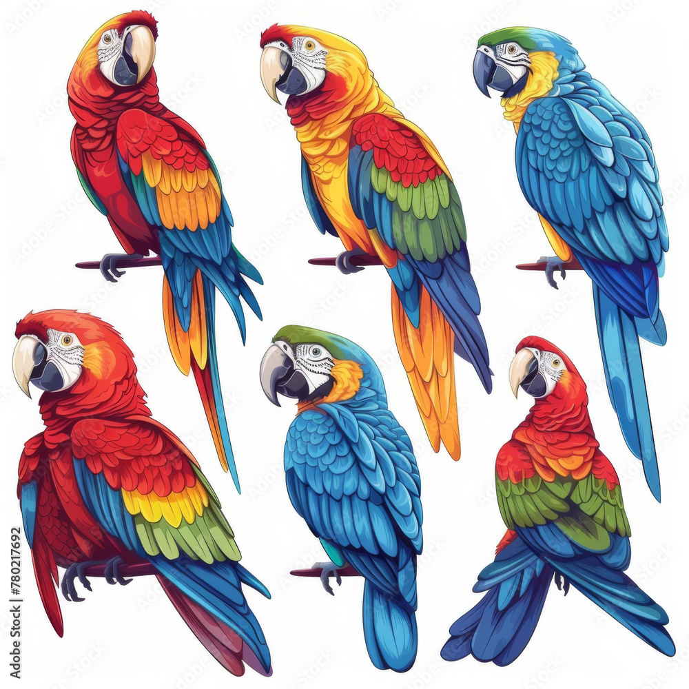 A vibrant collection of various cartoon parrots in different poses on a white background.