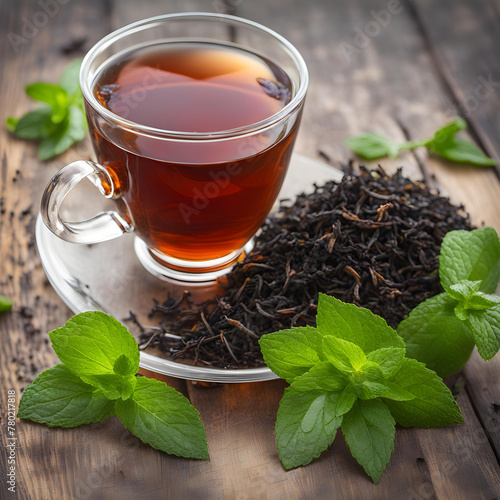 Black tea on the table, background nature green.