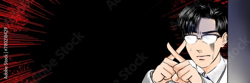 指でバッテンサインを作り警告するイケメン黒髪メガネ医師の少女漫画風カラーイラスト黒背景	 photo