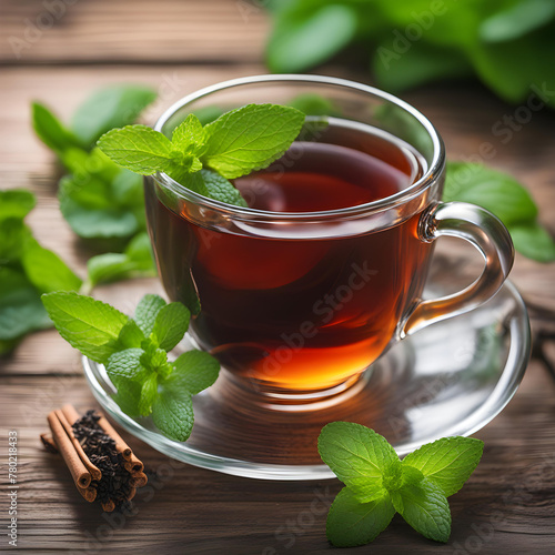 Black tea on the table, background nature green.