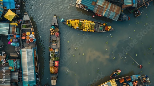 traditional market on river with ship, top view photo