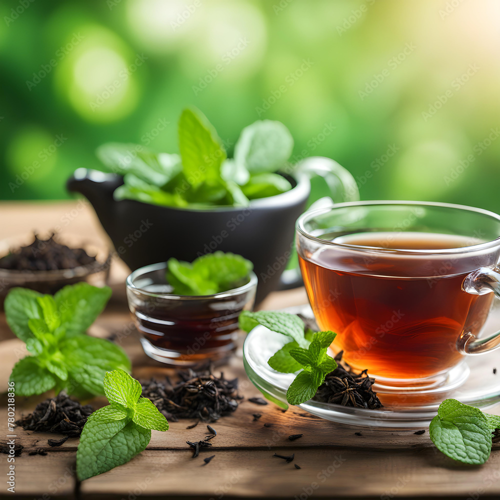 Black tea on the table, background nature green. Black tea on the table, background nature green.