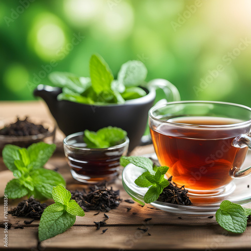 Black tea on the table, background nature green.