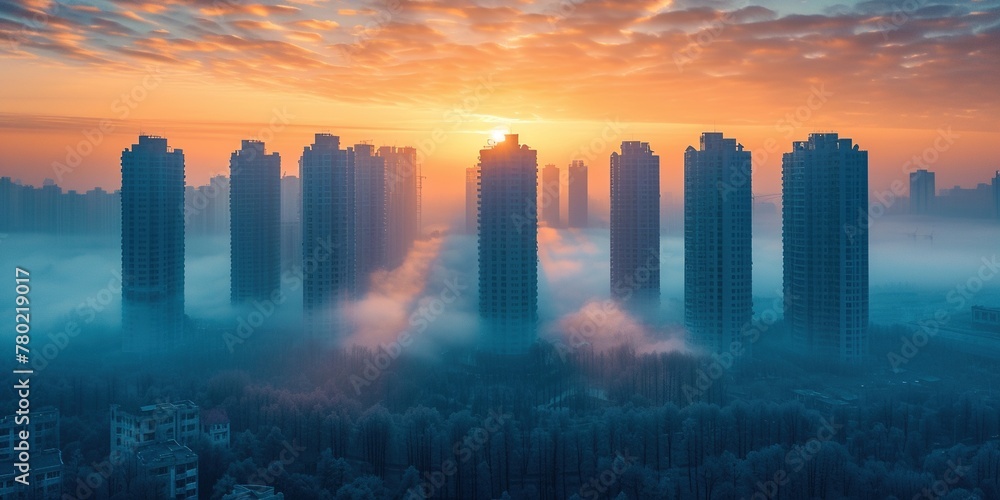An aerial view of skyscrapers in the fog. Beautiful fog skyline. Calm atmosphere. Business wallpapers. Generative AI An aerial view of skyscrapers in the fog. Beautiful fog skyline. Calm atmosphere. Business wallpapers. Generative AI