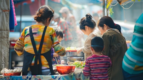 A family of four backs turned to the camera as they help set up a food stall for the festival laughter and chatter filling . .