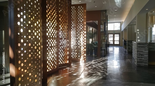 Utilizing a mix of solid and perforated metal the room dividers feature a geometric pattern that adds visual interest to the space. The light filtering through the perforations casts . photo