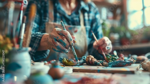 In a small workshop a group of artists and craftspeople collaborate on a community art installation. They carefully paint sculpt and arrange different pieces each one adding their . photo