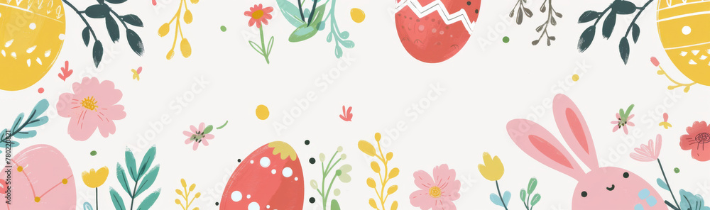 Vector illustration of easter pattern with bunnies, eggs and flowers on white background Vector illustration of easter pattern with bunnies, eggs and flowers on white background