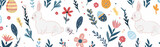 Vector illustration of easter pattern with bunnies, eggs and flowers on white background