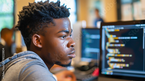 A young African American man working on a coding project, with focus and determination evident in his concentration.