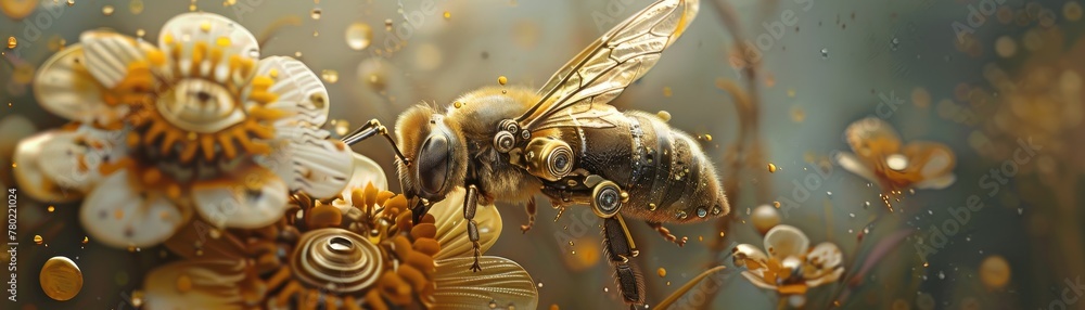 Fototapeta premium Steampunk bee with mechanical wings collecting nectar from industrial flowers