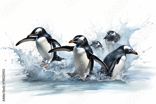 Agile penguins gracefully navigating icy waters  isolated on white solid background