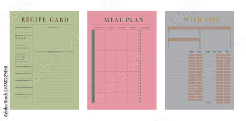 Recipe Card, Meal Plan and Wish List Planner. (Spring)