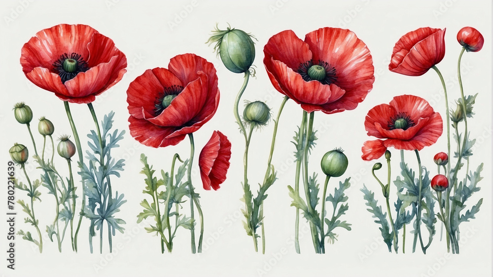 Set of red summer poppy flowers with stems watercolor art - obrazy, fototapety, plakaty 