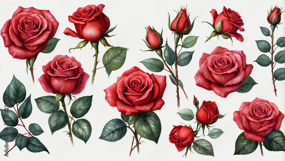 Naklejka premium Beautiful red roses with stems set of isolated watercolor illustrations