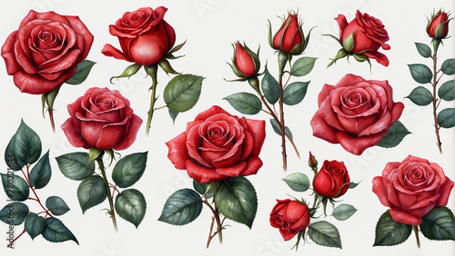 Beautiful red roses with stems set of isolated watercolor illustrations