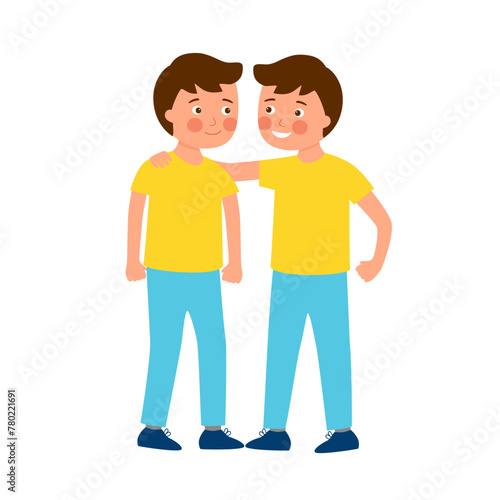 Cute little smiling boys twins in flat design on white background.