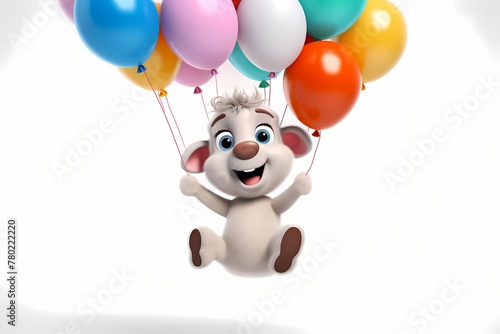 A white cartoon lamb surrounded by colorful balloons, looking cheerful and jumping playfully, isolated on a white solid background