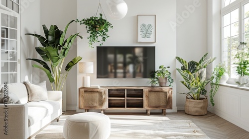 Modern Smart Tv Mockup on stand  white living room. 3d rendering