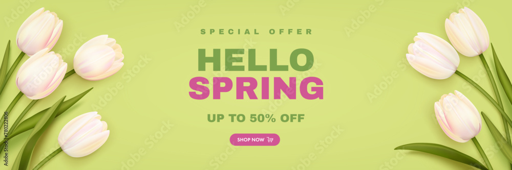 Hello Spring wallpaper, billboard, flyer or web banner design template with realistic 3d tulips on green background. Vector illustration - obrazy, fototapety, plakaty 