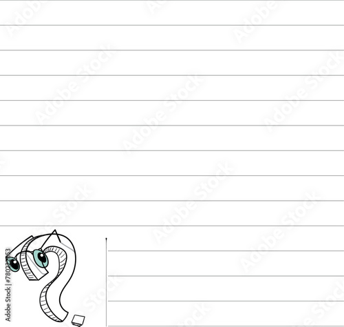 Notebook paper with a large cartoon question in the bottom corner of the document.