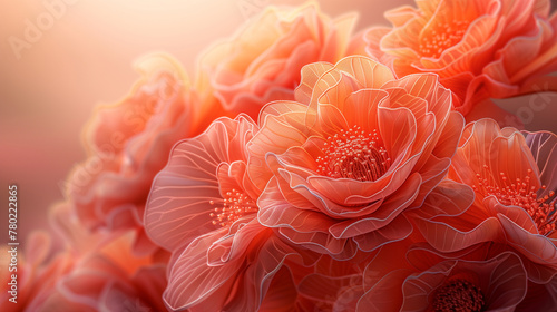 surreal flowers crafted from loofah or fabric by coral color soft pastel orange pink with copy space for text.