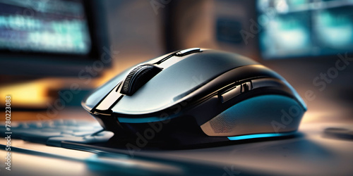 Black computer mouse on a wooden table. A black computer mouse with a wired USB connection sits on a light-colored wooden table. The table has a smooth surface with visible wood grain.