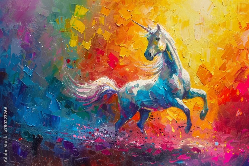 Oil painted unicorn in abstract, palette knife creation, with a colorful body, against a lively backdrop, highlighted by dramatic lighting Oil painted unicorn in abstract, palette knife creation, with a colorful body, against a lively backdrop, highlighted by dramatic lighting