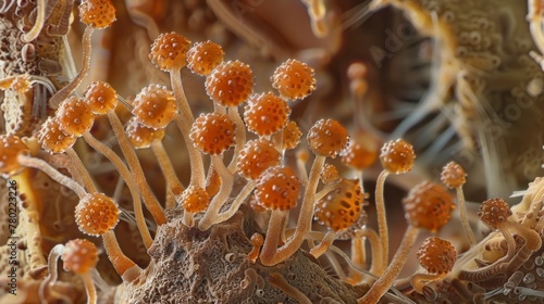 An expansive view of a fungal habitat under a microscope with sporangias protruding from every surface.
