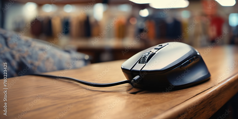 Black computer mouse on a wooden table. A black computer mouse with a ...