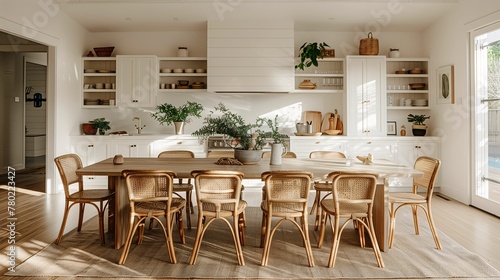 Bright Modern Kitchen with Wooden Dining Table and Wicker Chairs © lin