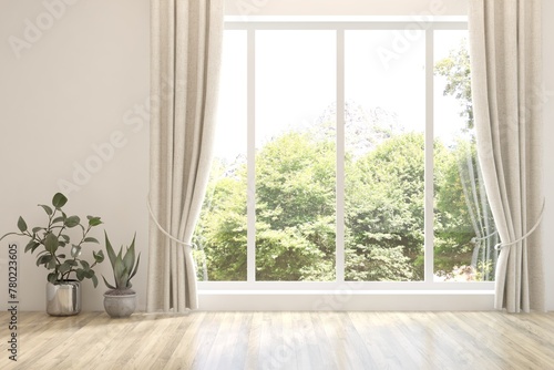 White empty room with summer landscape in window. Scandinavian interior design. 3D illustration