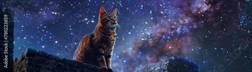 Empowerment in beauty, a cat standing regally on castle walls under a starry sky, mystic aura, closeup, captivating , photo