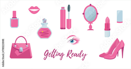 A hair brush, mirrow, ribbpn bow, hair band, parfume, bag, heels, mascara. lady's beauty things for girls, illustration a white background. Pinkcore. Vector illustrations