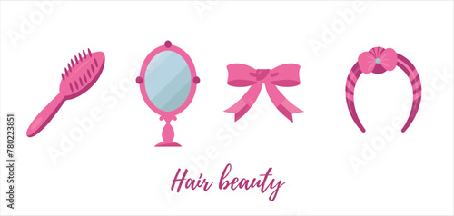 A hair brush, mirrow, ribbpn bow, hair band.. lady's beauty things for girls, illustration a white background. Pinkcore. Vector illustrations