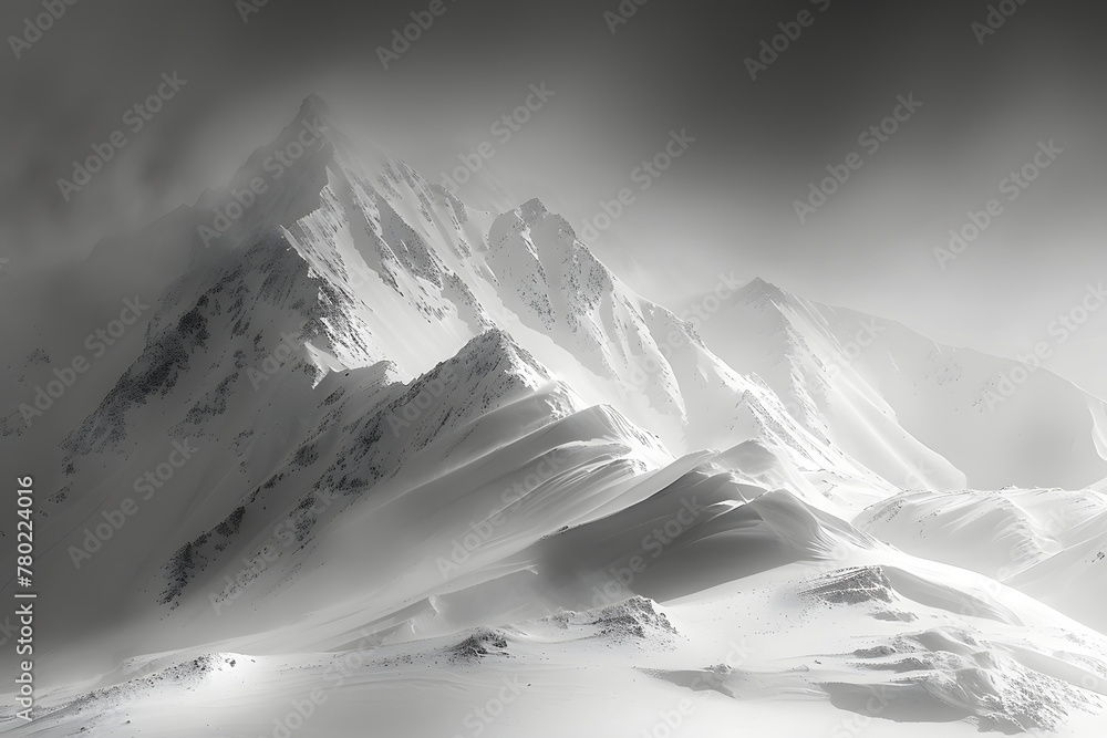 Obraz premium Slow motion camera photography art. Beautiful snow mountains. A high mount top of alpinist inspiring mountain. Black and white illustration for soster, book cover, music album