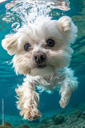 Maltese Dog Swimming Underwater Close-Up