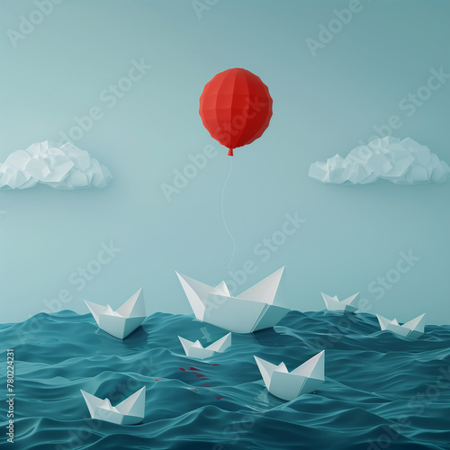 Business advantage concept and game changer symbol as an ocean with a crowd of paper boats and one boat rises above the rest with a red balloon as a success and innovation metaphor for new.