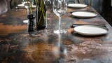 The tabletop in the dining area was a salvaged piece of rusty patinated metal with a thin layer of clear coating to prevent rust from rubbing off. The mixture of rough aged metal with .