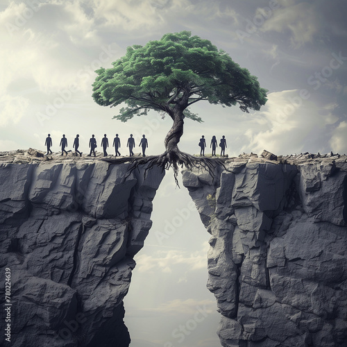 Business growth opportunity concept as a group of business people taking advantage of a tall tree grown to create a bridge to cross over and link two separate cliffs for patience and opportunism.