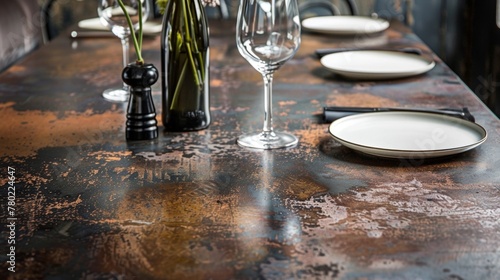 The tabletop in the dining area was a salvaged piece of rusty patinated metal with a thin layer of clear coating to prevent rust from rubbing off. The mixture of rough aged metal with . photo