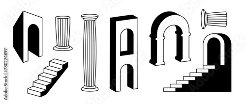 Arches, columns and stair collection. Surreal greek ruin element set. 3d antique style arcs, doors, pillars, staircase, gates bundle Trippy shapes pack for collage, poster, banner, sticker. Vector