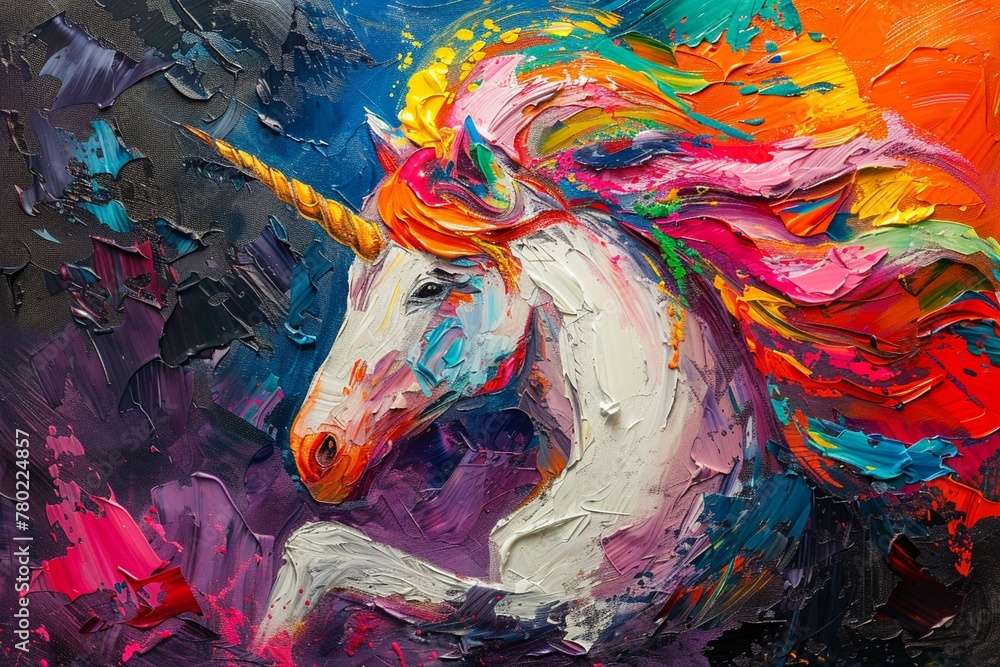 Palette knife oil artwork of a unicorn, body in bright colors, on a dynamic background, with colorful highlights and theatrical lighting - obrazy, fototapety, plakaty 
