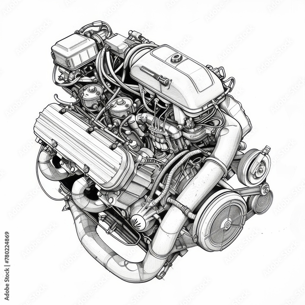 Detailed Black and White Car Engine Illustration Detailed Black and White Car Engine Illustration